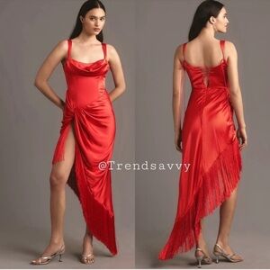 ANTHROPOLOGIE For Love & Lemons Anisa Asymmetrical Fringe Satin Midi Dress Red